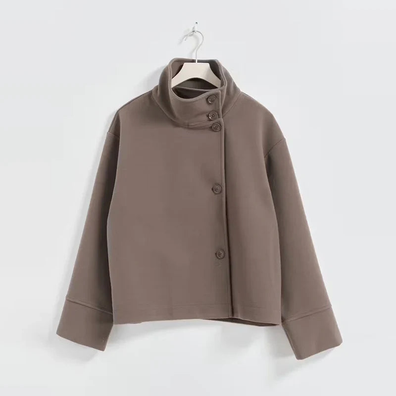 Womens Short Wool Coat Stand Collar Button Closure - Product detail 5