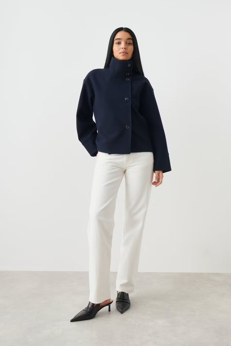 Womens Short Wool Coat Stand Collar Button Closure - Product detail 6