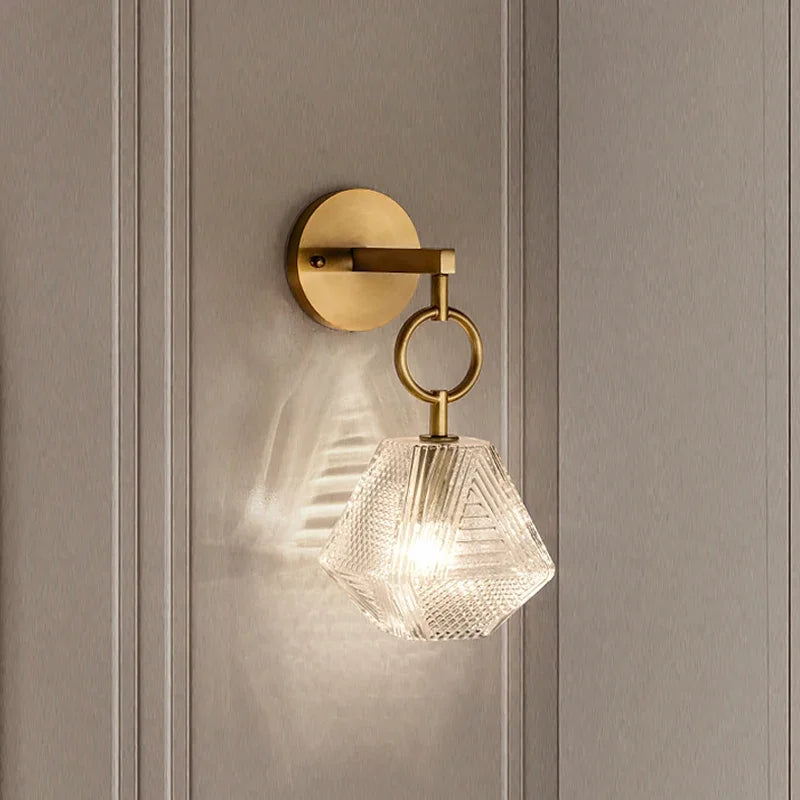 Art Deco Wall Light Geometric Glass Shade With Brass Mount - Detailed view