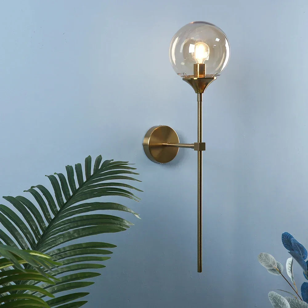 Modern Glass Wall Light Brass Stem Globe Design - Product showcase