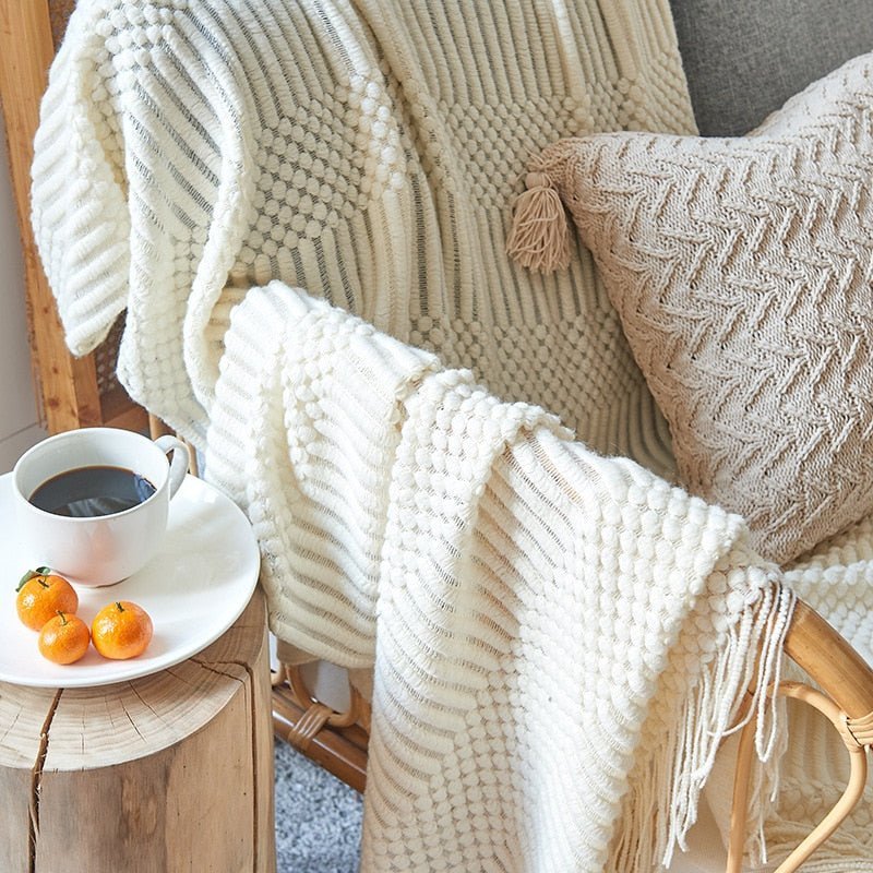 Knitted Throw Blanket Textured Cotton Weave with Tassels - Product showcase