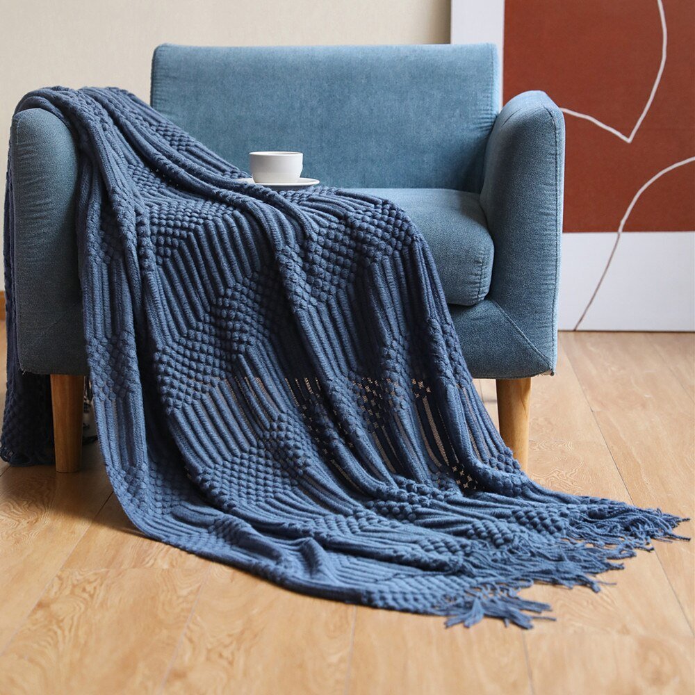 Knitted Throw Blanket Textured Cotton Weave with Tassels - Product detail 22