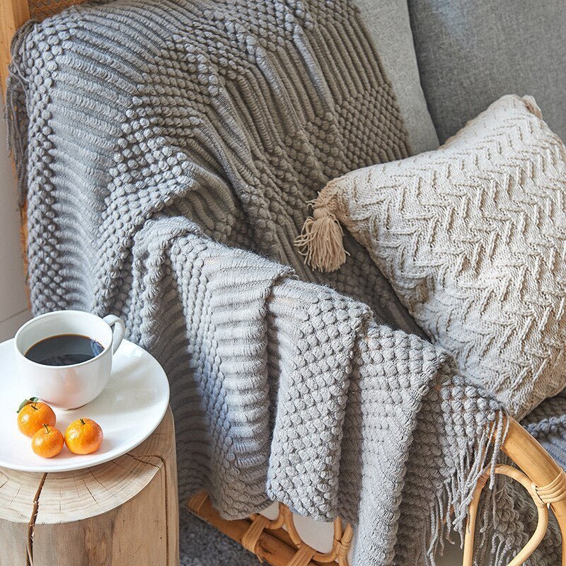 Knitted Throw Blanket Textured Cotton Weave with Tassels - Product detail 4
