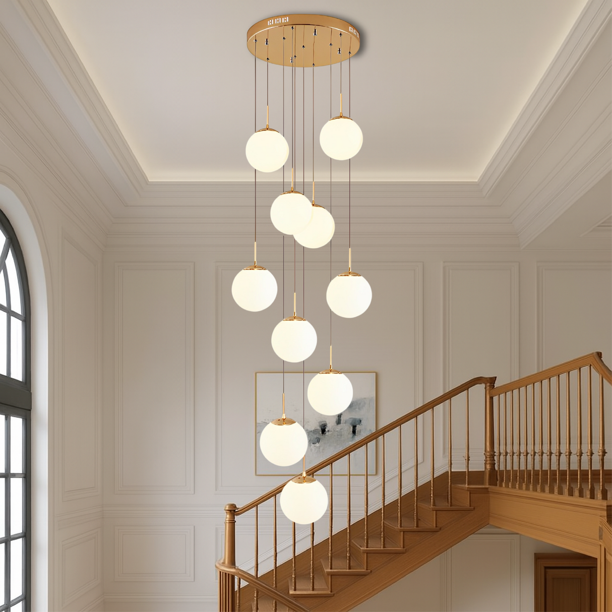 Modern Staircase Chandelier Cascading Glass Spheres With Gold Trim - Product showcase