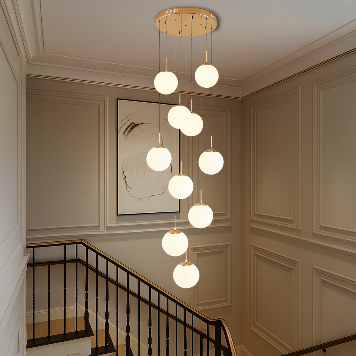 Modern Staircase Chandelier Cascading Glass Spheres With Gold Trim - Detailed view