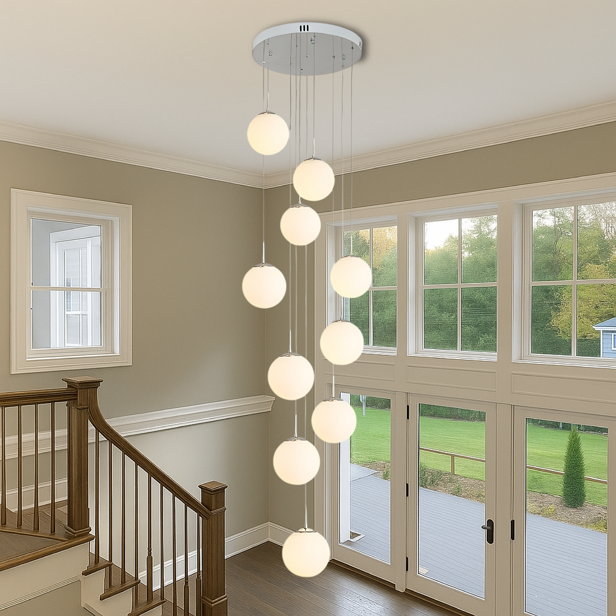 Modern Staircase Chandelier Cascading Glass Spheres With Gold Trim - Product example
