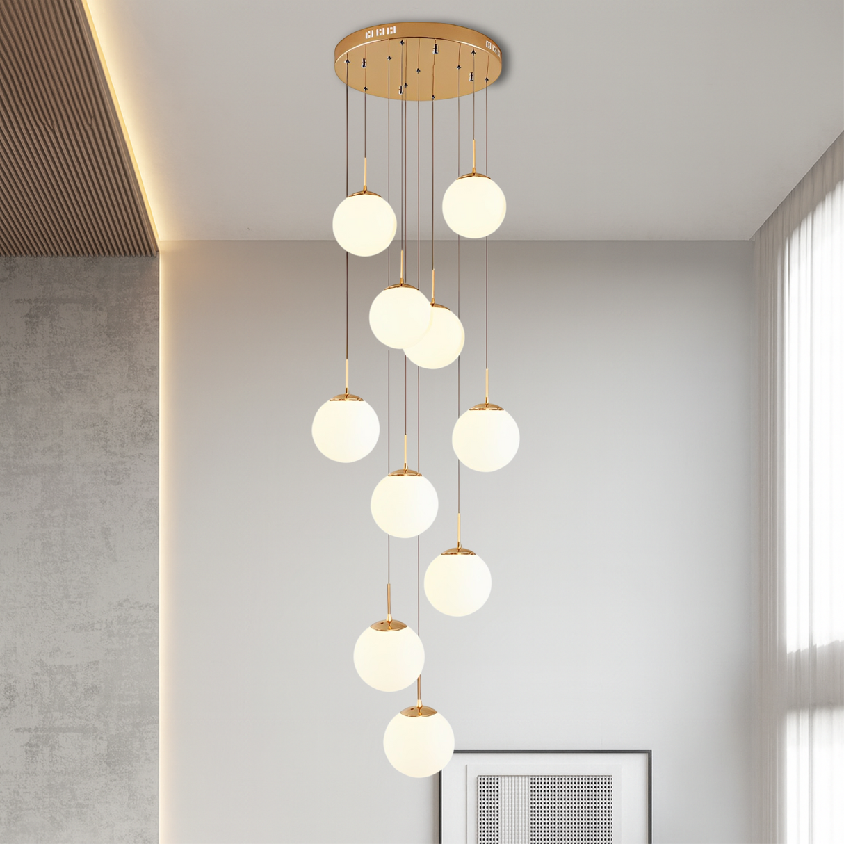 Modern Staircase Chandelier Cascading Glass Spheres With Gold Trim - Product detail 6