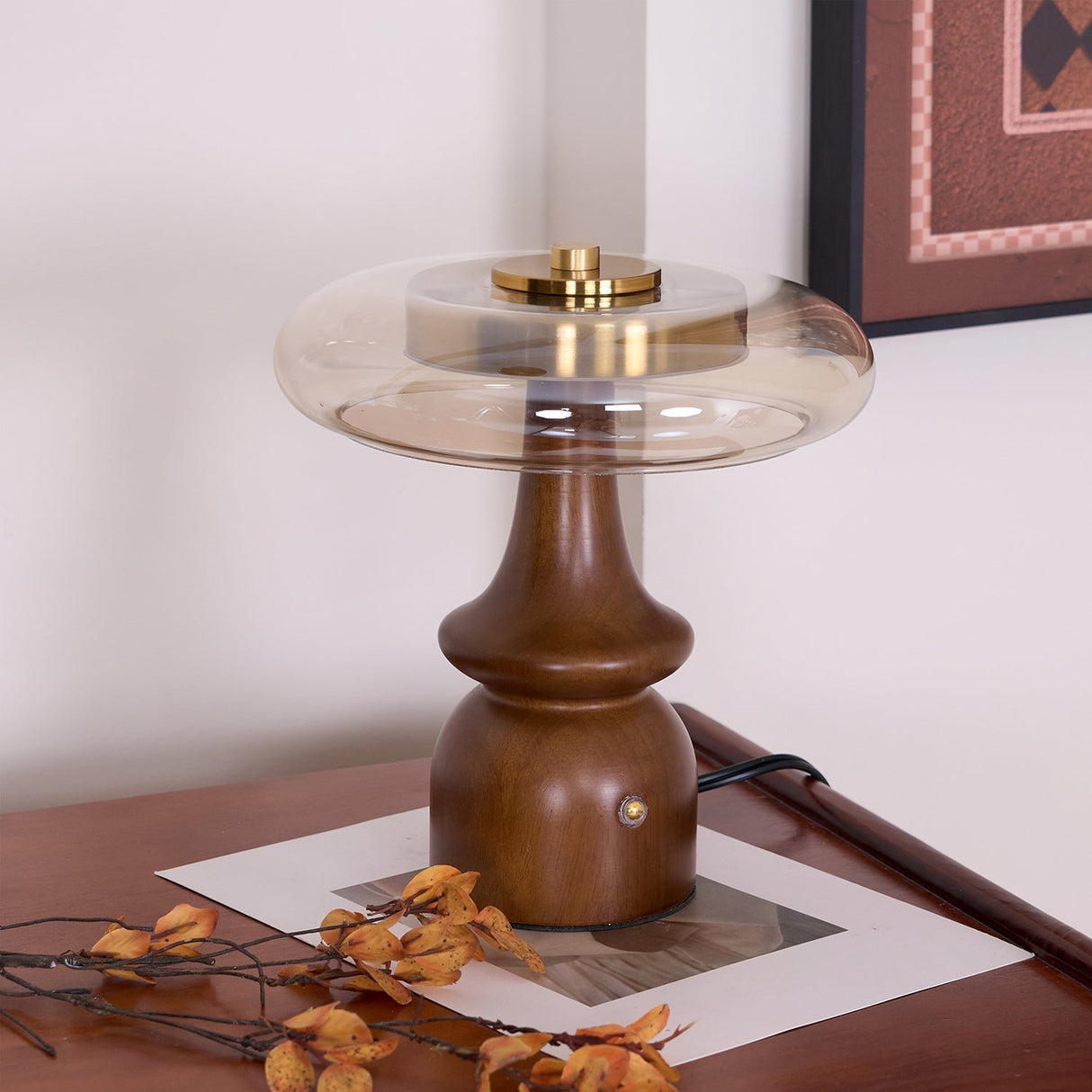Modern Accent Table Lamp Amber Glass Dome with Walnut Base - Detailed view