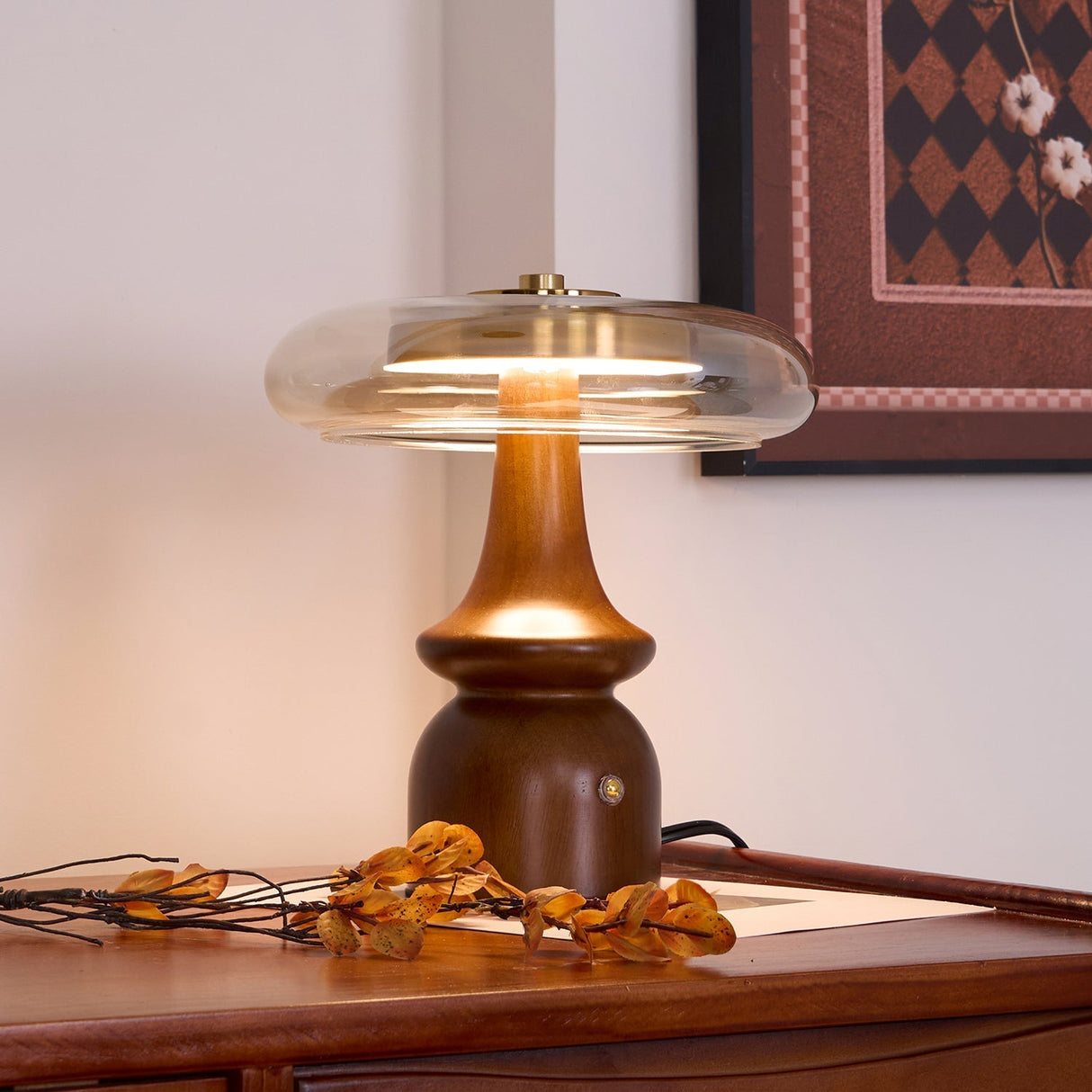 Modern Accent Table Lamp Amber Glass Dome with Walnut Base - Product detail 6
