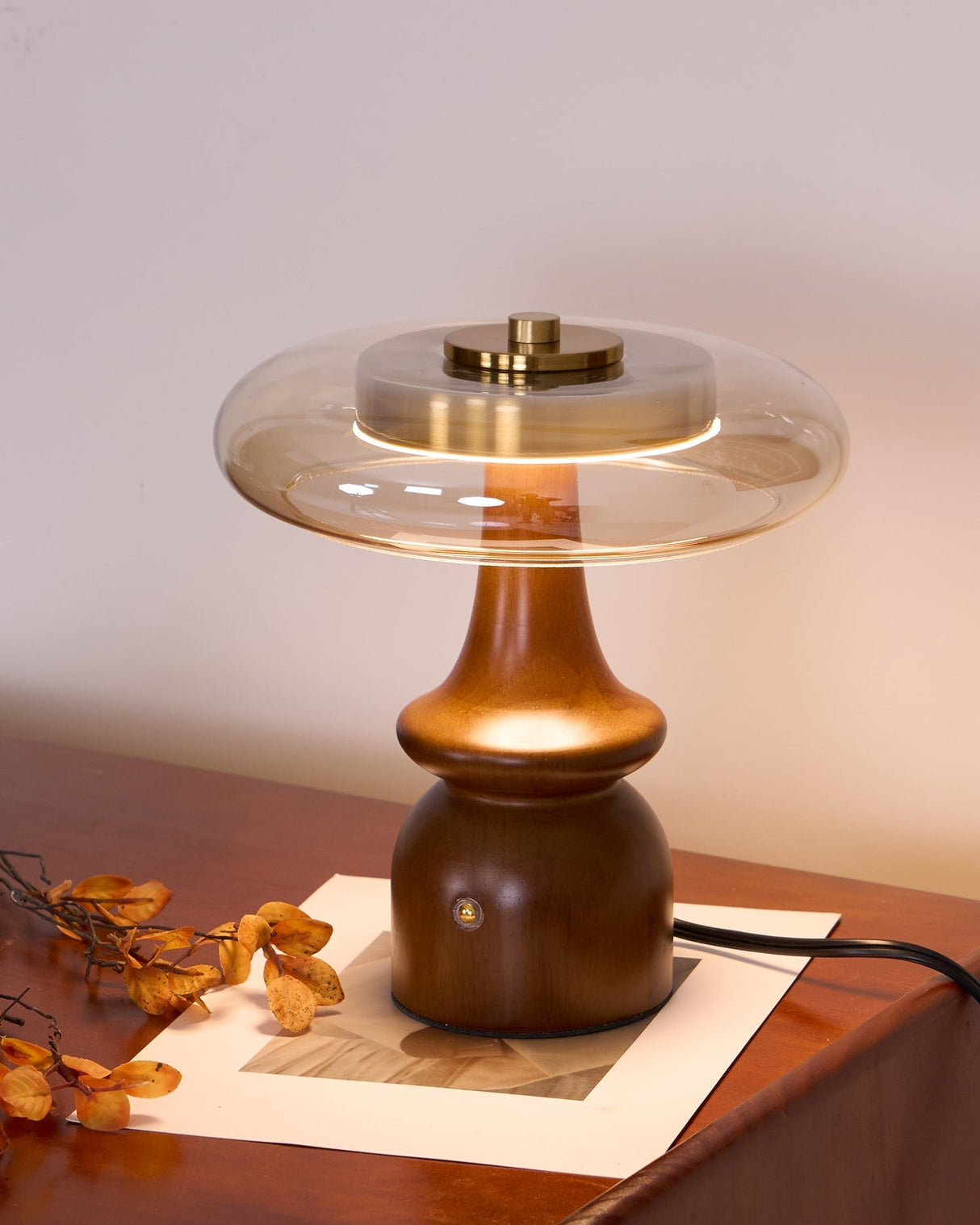 Modern Accent Table Lamp Amber Glass Dome with Walnut Base - Product detail 5