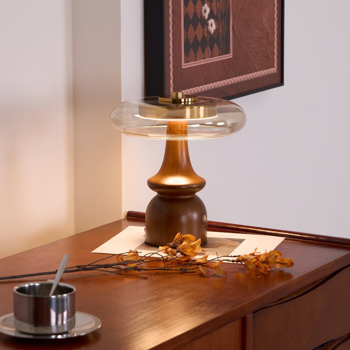 Modern Accent Table Lamp Amber Glass Dome with Walnut Base - Product detail 9