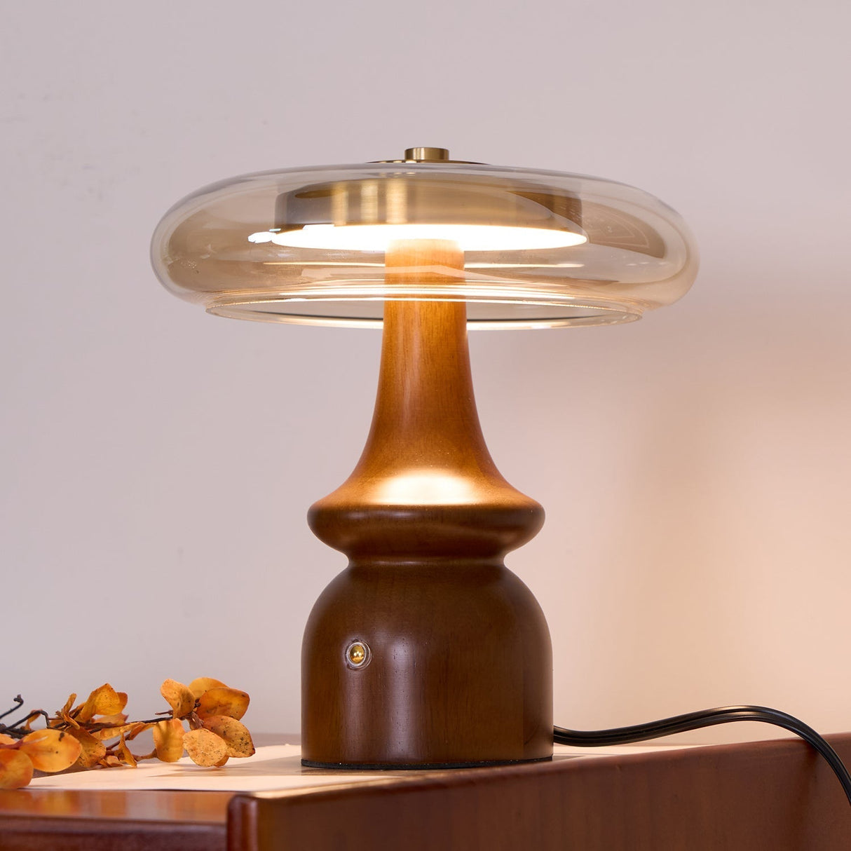 Modern Accent Table Lamp Amber Glass Dome with Walnut Base - Product detail 8