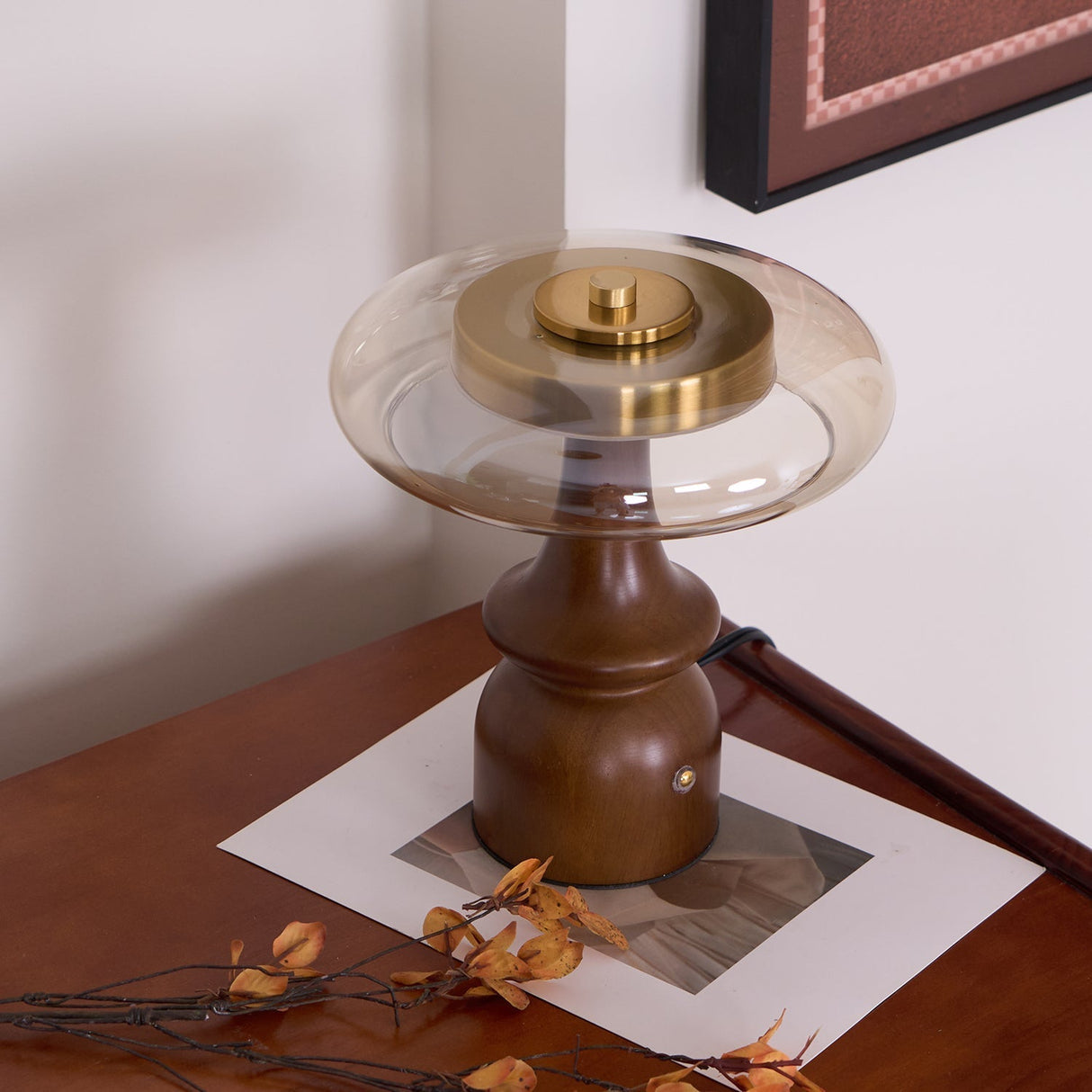 Modern Accent Table Lamp Amber Glass Dome with Walnut Base - Product example
