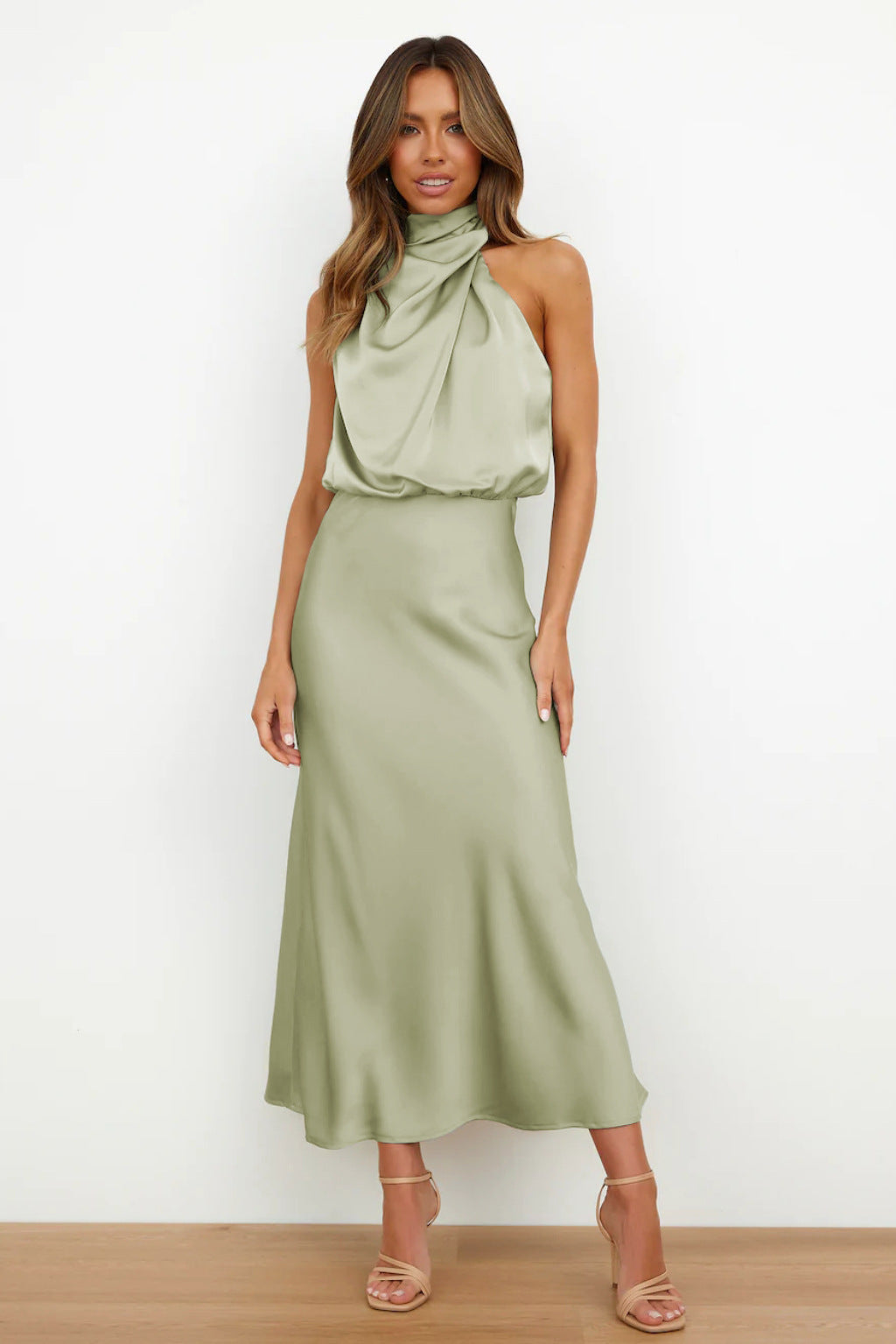 Emerald Evening Dress Draped High-Neck Satin Maxi - Product detail 12