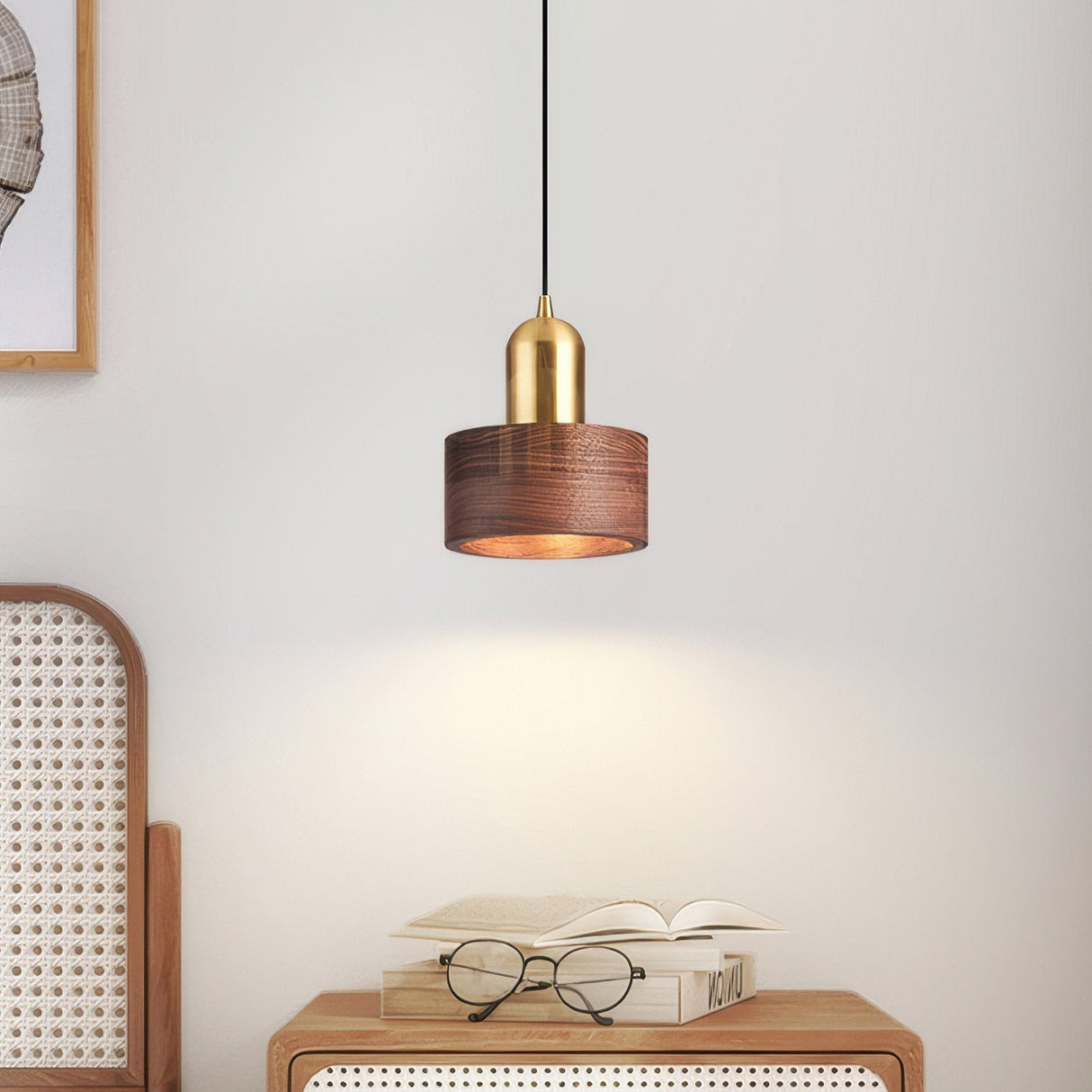 Modern Japanese Pendant Light Brass Black Cylinder Design - Detailed view