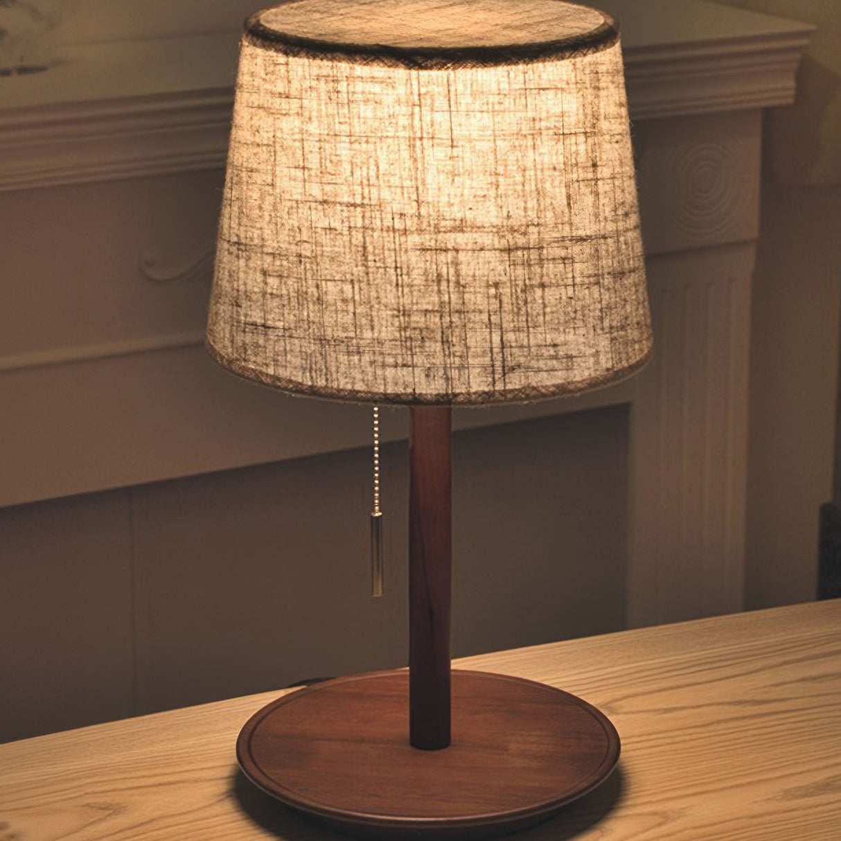 Mid Century Table Lamp  Walnut Wood Base with Linen Shade - Product detail 10