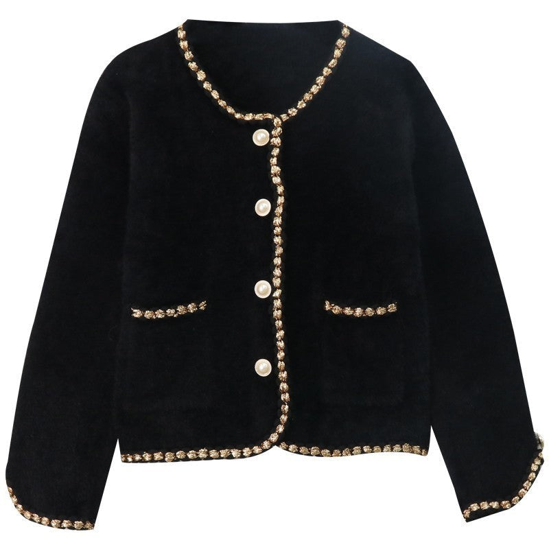 Classic Velvet Jacket Pearl Button Gold Trim Detail - Product showcase