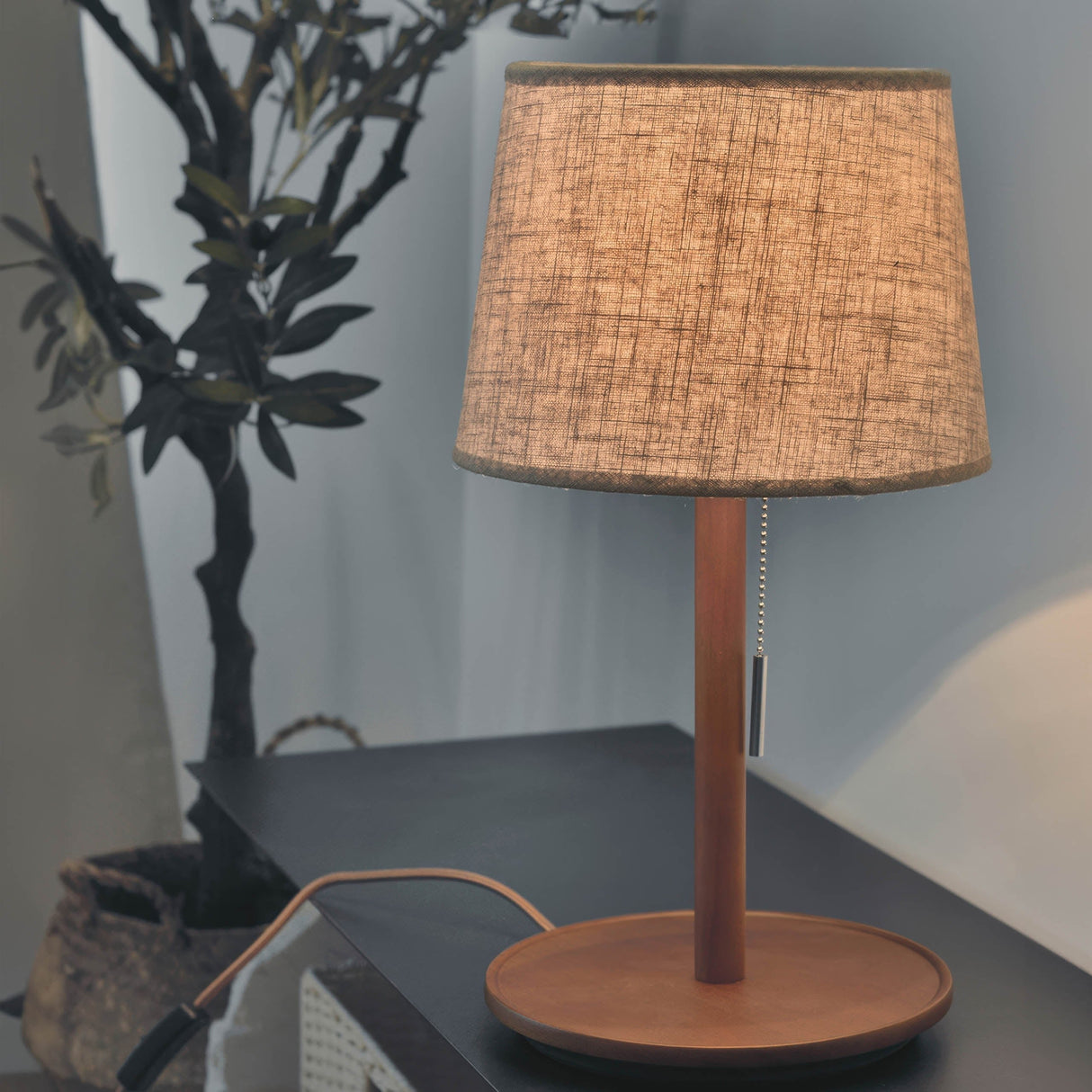 Mid Century Table Lamp  Walnut Wood Base with Linen Shade - Product detail 8
