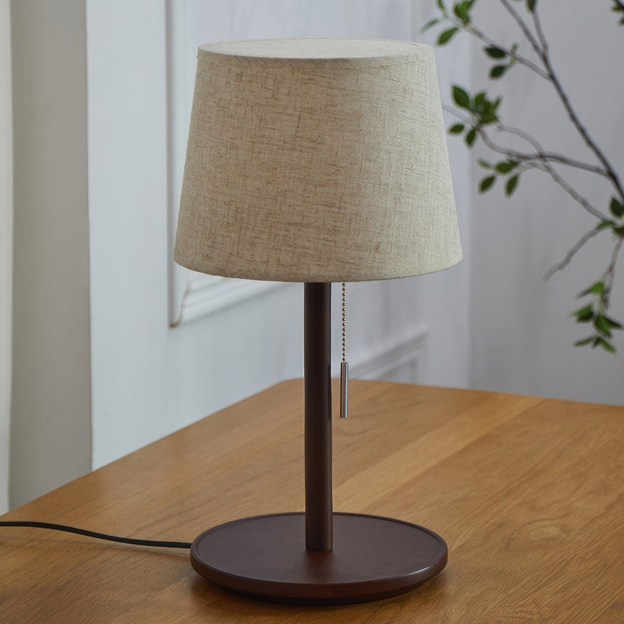 Mid Century Table Lamp  Walnut Wood Base with Linen Shade - Product detail 9