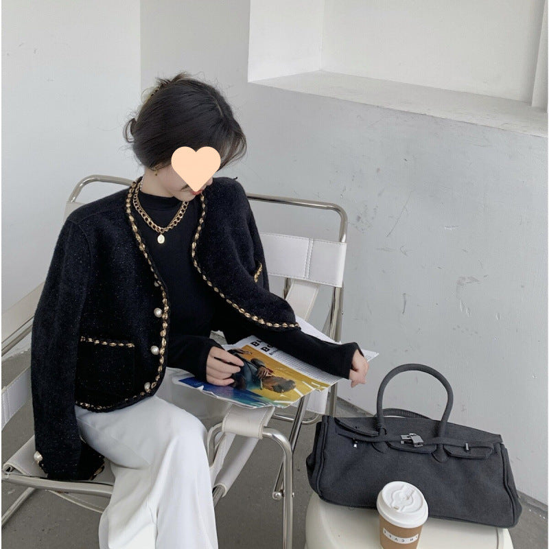 Classic Velvet Jacket Pearl Button Gold Trim Detail - Detailed view