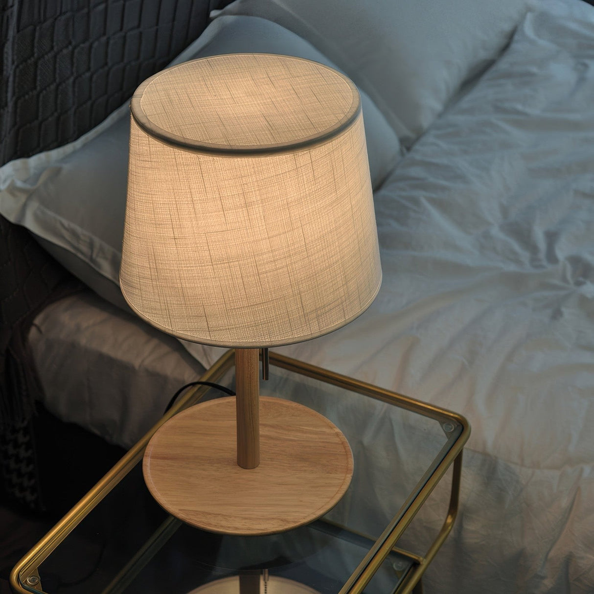 Mid Century Table Lamp  Walnut Wood Base with Linen Shade - Product detail 4