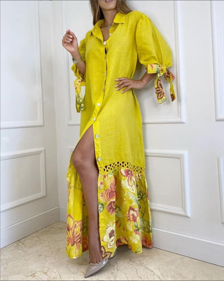 Floral Button Down Maxi Dress Bohemian Lace Trim Design - Product detail 4