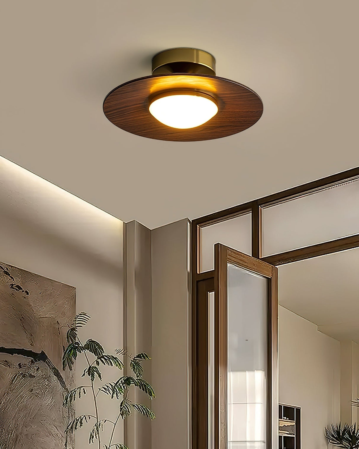 Modern Ceiling Light Walnut Wood and Gold Disc Design - Detailed view