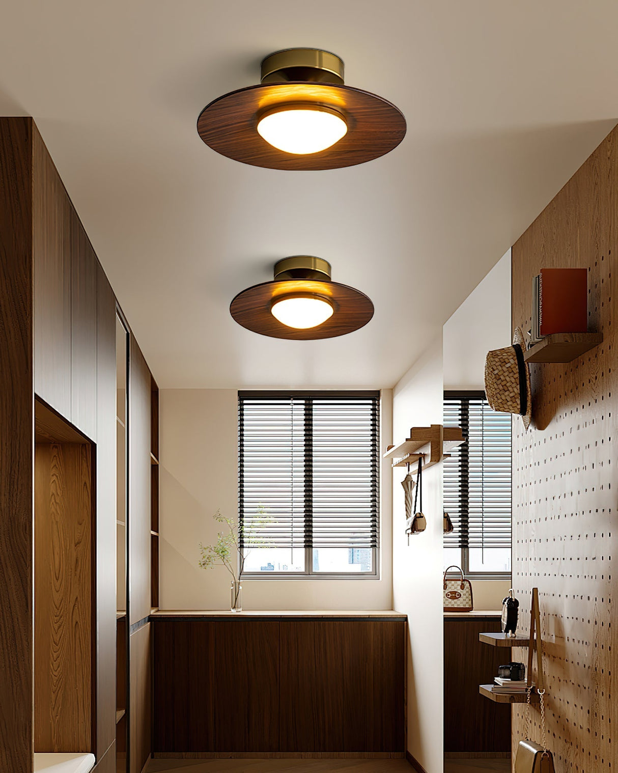 Modern Ceiling Light Walnut Wood and Gold Disc Design - Product example