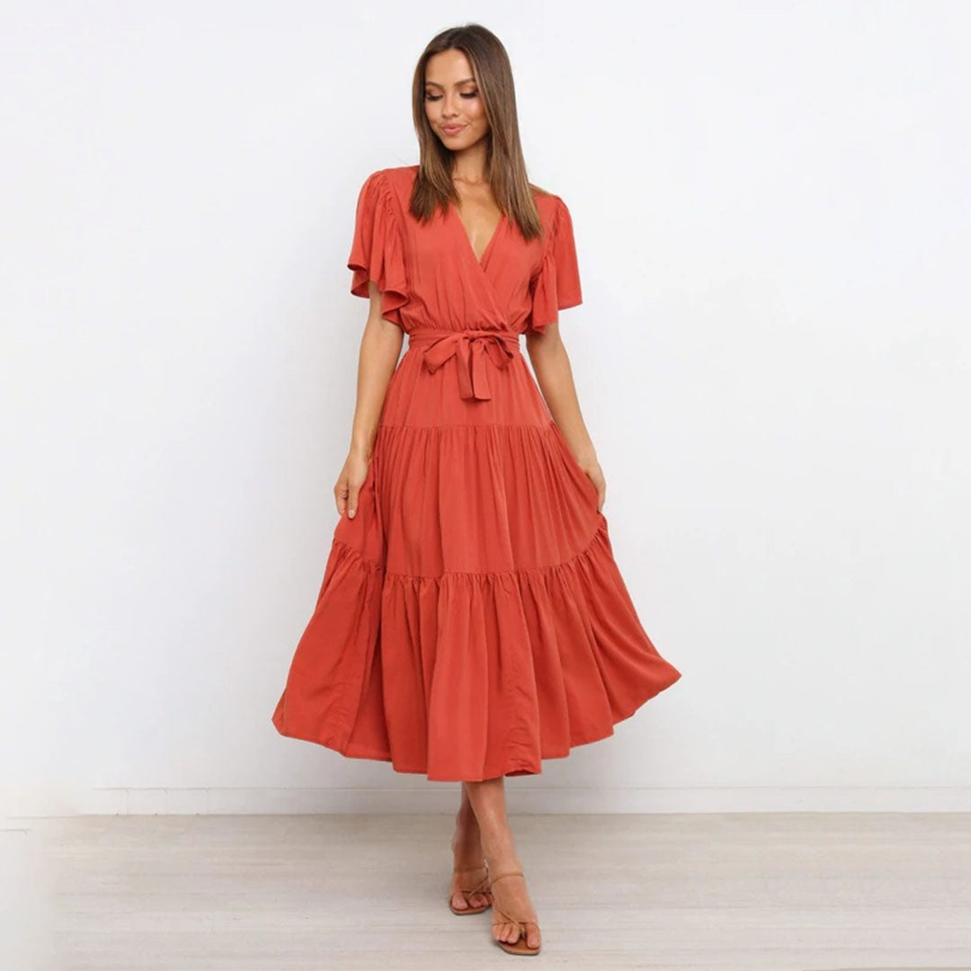 Elegant Wrap Midi Dress Flutter Sleeve V-Neck Design - Product detail 6
