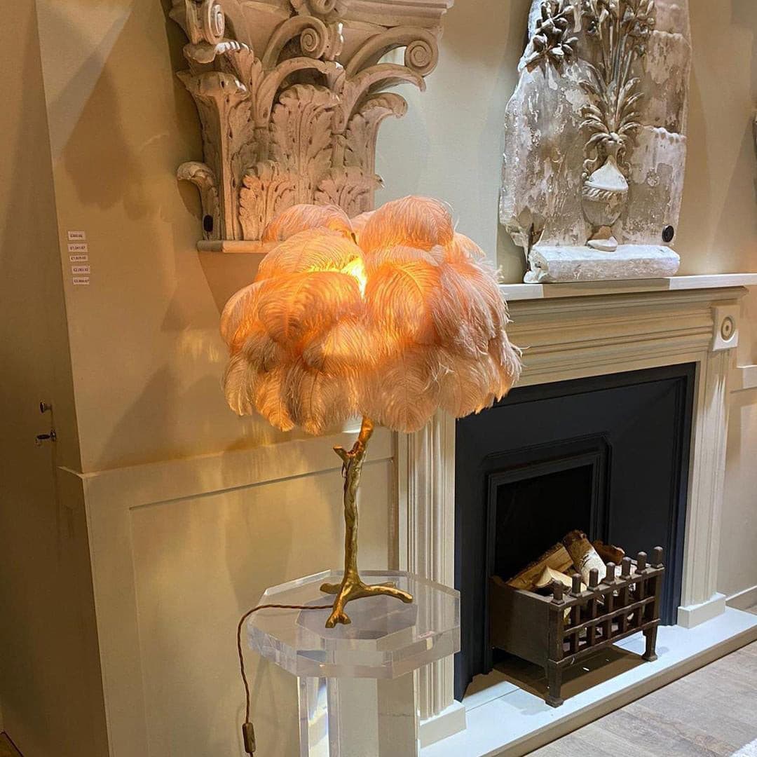 Feather Table Lamp Gold Base with Pink Ostrich Plumes - Detailed view