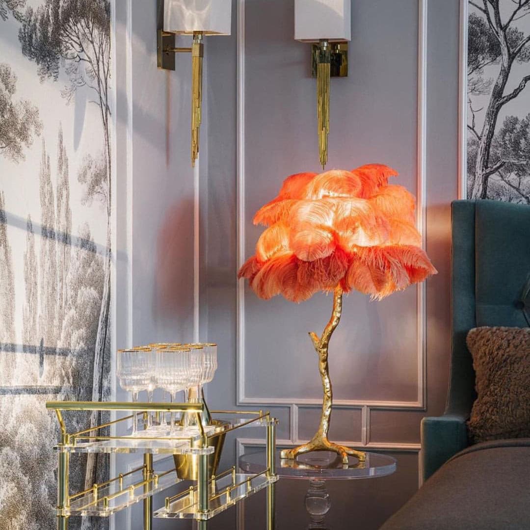 Feather Table Lamp Gold Base with Pink Ostrich Plumes - Product detail 6