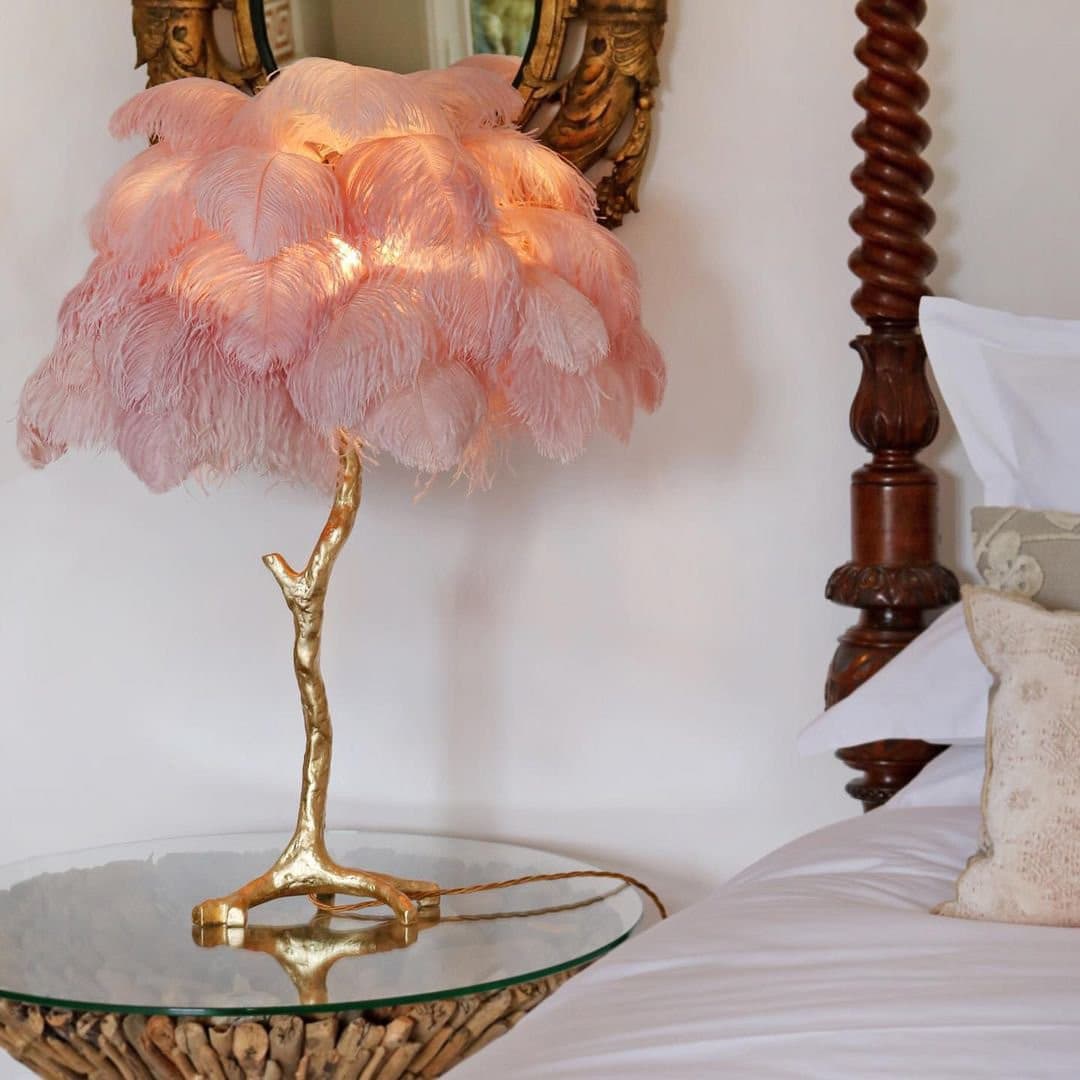 Feather Table Lamp Gold Base with Pink Ostrich Plumes - Product detail 5