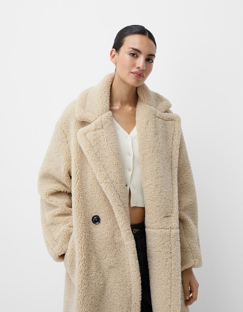 Teddy Bear Oversized Coat Double-Breasted Faux Shearling - Detailed view
