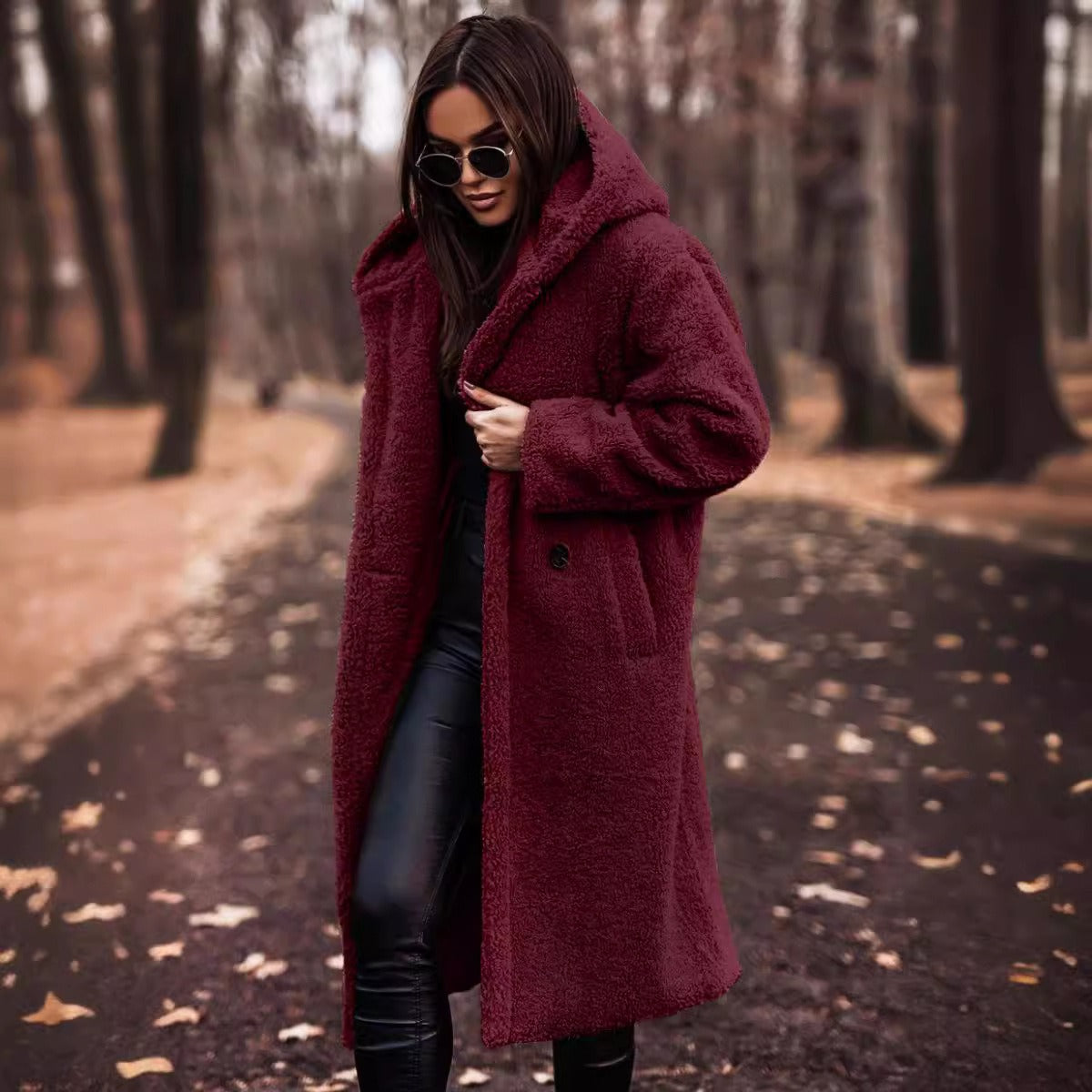 Luxury Wool Winter Coat Hooded Full Length Burgundy Design - Product showcase