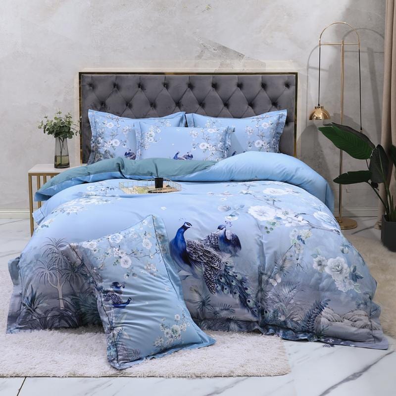 Egyptian Cotton Bedding Set  Blue Floral Peacock Design - Product showcase