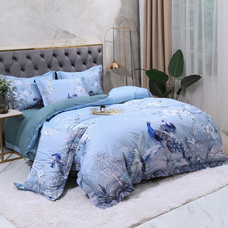 Egyptian Cotton Bedding Set  Blue Floral Peacock Design - Product example