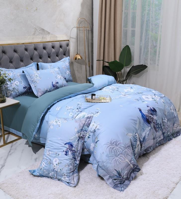 Egyptian Cotton Bedding Set  Blue Floral Peacock Design - Detailed view