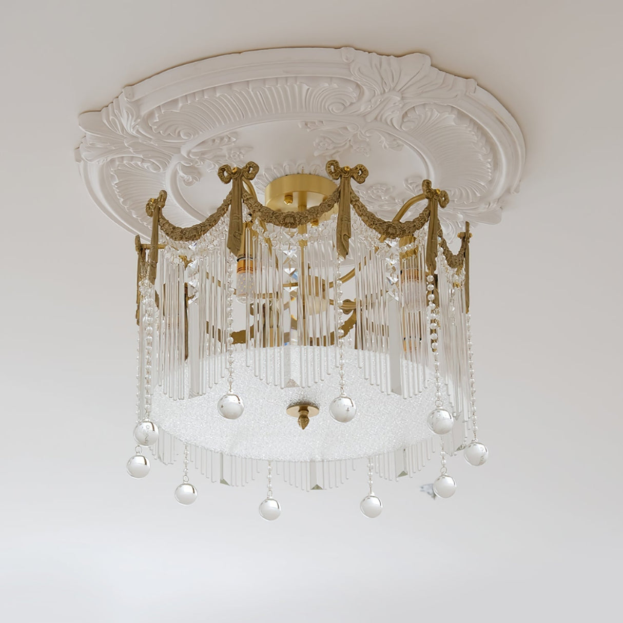 French Crystal Ceiling Light Brass Crown Design With Water Droplets - Product detail 10