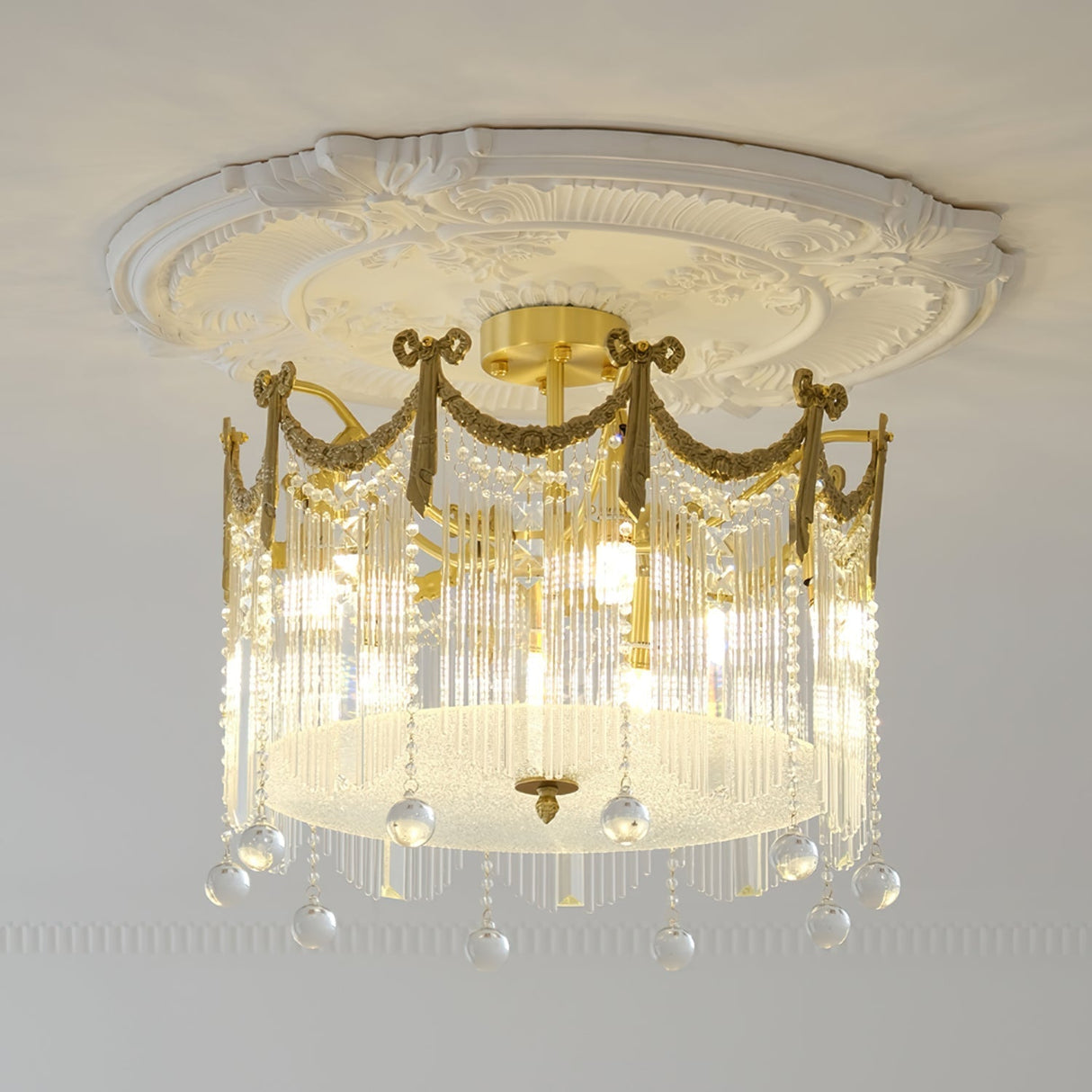 French Crystal Ceiling Light Brass Crown Design With Water Droplets - Detailed view