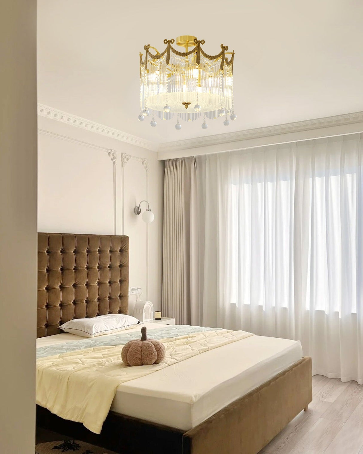 French Crystal Ceiling Light Brass Crown Design With Water Droplets - Product detail 6