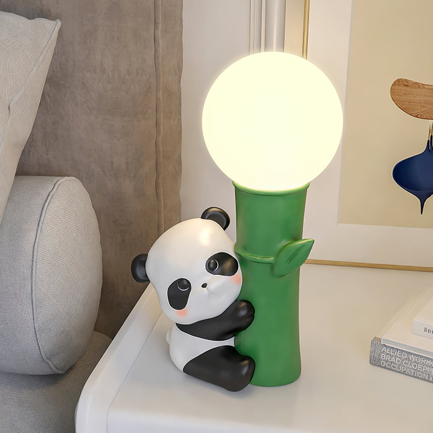 Asian Panda Table Lamp  Bamboo Design with Glass Globe - Detailed view