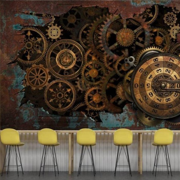 Industrial Mural Wallpaper | Vintage Steampunk Gears and Clock