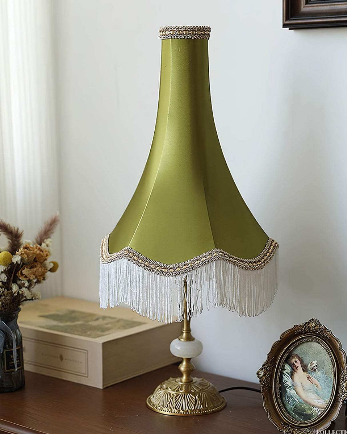 Vintage Table Lamp Marble Base with Fringe Trim - Detailed view