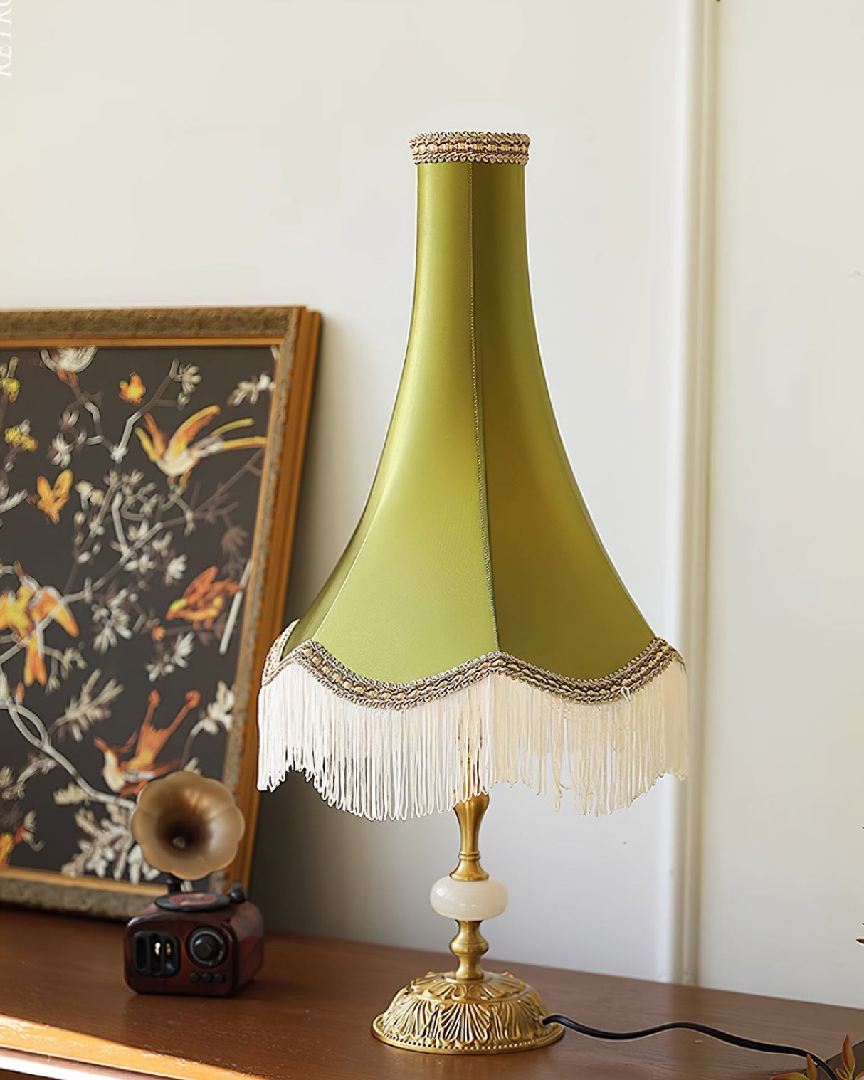 Vintage Table Lamp Marble Base with Fringe Trim - Product example