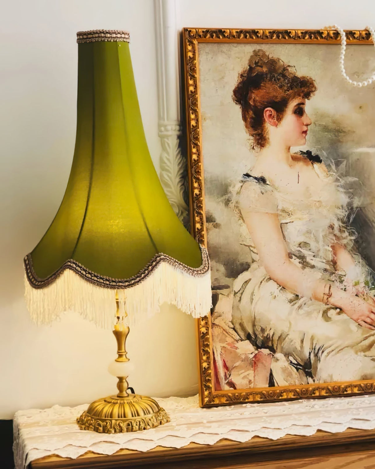 Vintage Table Lamp Marble Base with Fringe Trim - Product detail 14