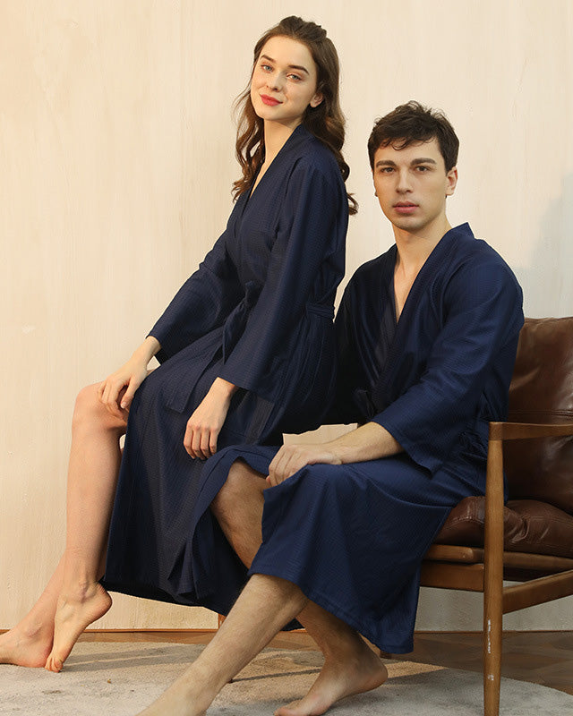 Bamboo Waffle Robe  Navy Blue Spa Bath Wrap - Detailed view