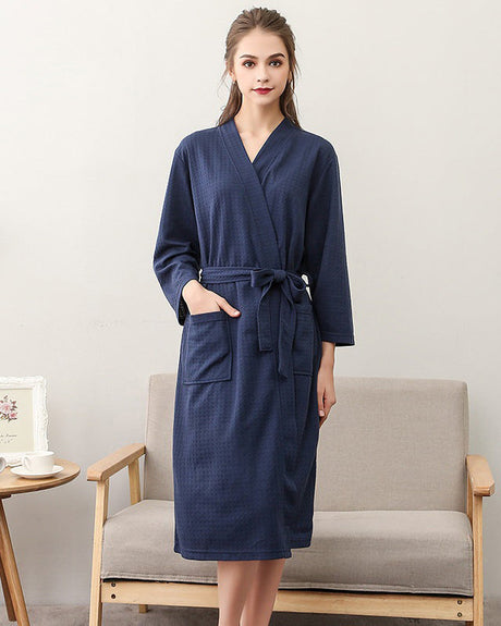 Waffle Cotton Bathrobe  Navy Blue Spa Loungewear - Product showcase