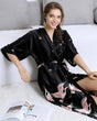 Silk Kimono Robe  Black Crane Print Design - Product showcase
