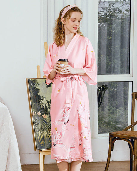Satin Kimono Robe  Pink Crane Pattern Design - Product showcase