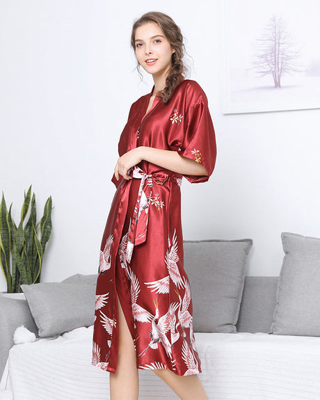 Silk Satin Kimono Robe  Flying Cranes Embroidered Design - Product showcase